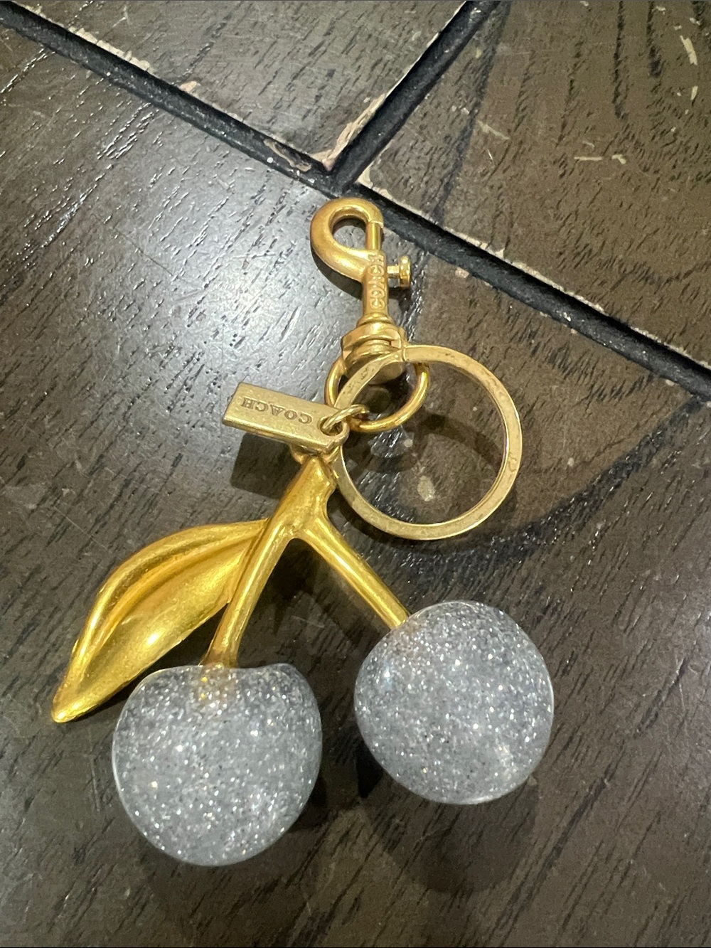 Gold Cherry Keychain with Glitter Silver Cherries